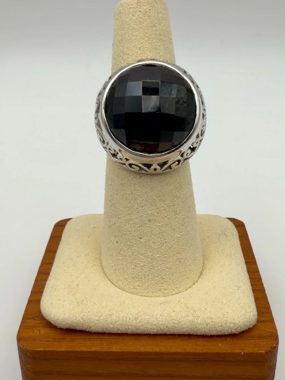 VTG 925 Sterling Silver Faceted Black Onyx Statement Ring Filigree Size 6.75
